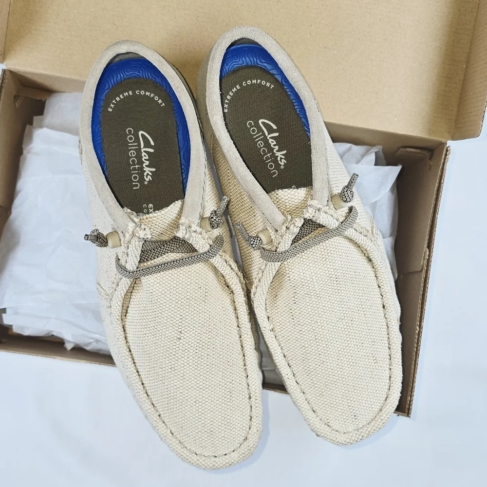 Clarks | Shacrelite Moc Toe Natural Woven Cotton Genuine Leather Suede Loafers